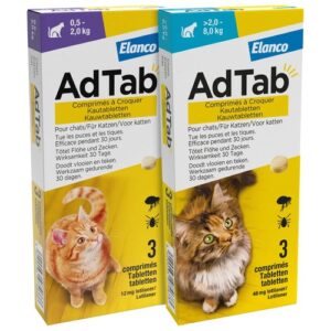AdTab kauwtabletten voor katten, verpakking 0,5 tot 2,0 kg en 2,0 tot 8,0 kg tegen vlooien en teken