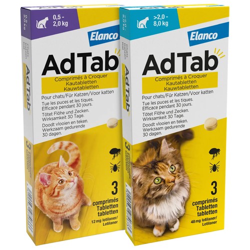AdTab kauwtabletten voor katten, verpakking 0,5 tot 2,0 kg en 2,0 tot 8,0 kg tegen vlooien en teken