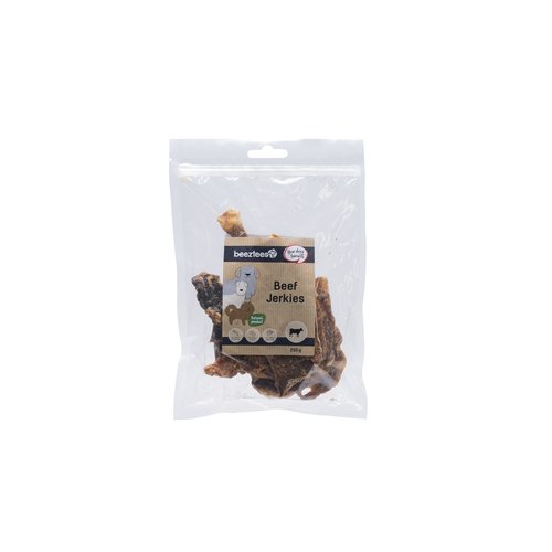 Beeztees Beef Jerkies 200 g – frontaanzicht verpakking met inhoud zichtbaar