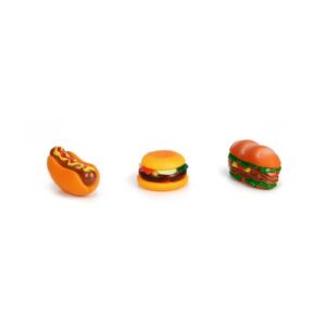 Beeztees vinyl hondenspeelgoed assortiment: hotdog, hamburger en sandwich op witte achtergrond