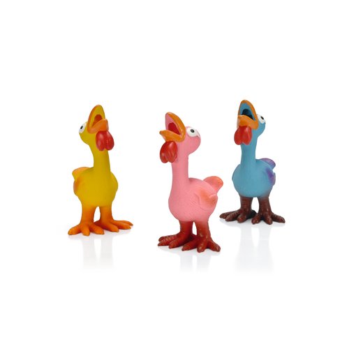 Drie Beeztees Turkinies latex hondenspeeltjes met piep in oranje, roze en blauw, 17x9,5x8,5 cm