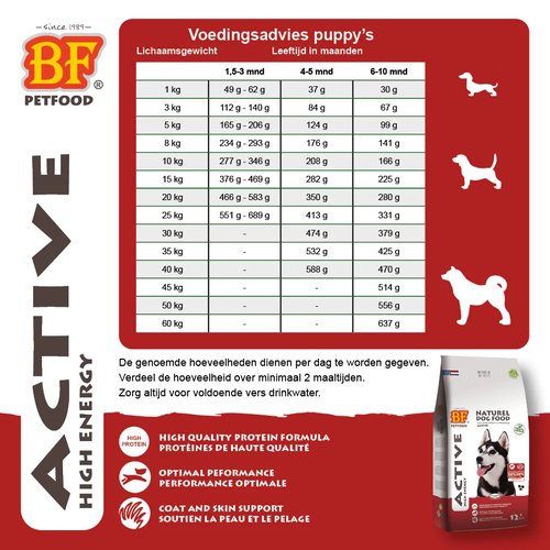 BF Active High Energy voedingsadvies pup en junior honden – dagdosis per gewicht en leeftijd