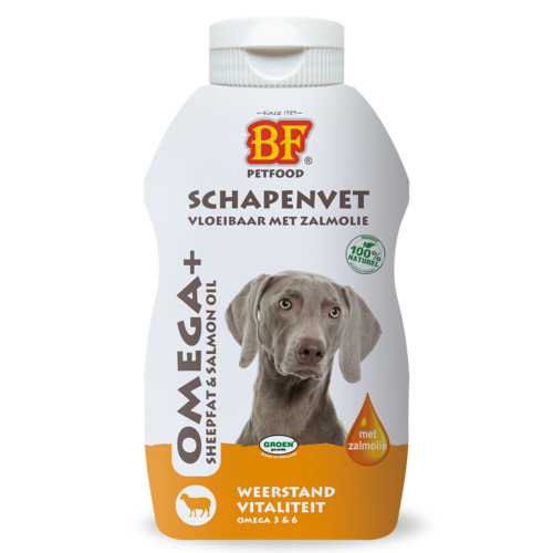 BF Omega+ vloeibaar schapenvet met zalmolie 250 ml knijpflacon voor honden
