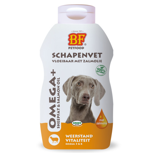 BF Omega+ vloeibaar schapenvet met zalmolie 500 ml knijpflacon voor honden