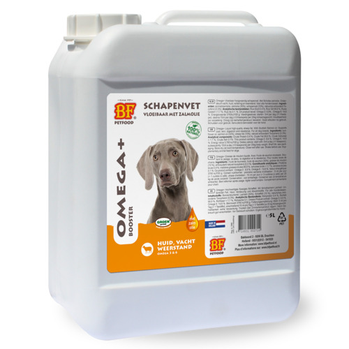 BF Omega+ vloeibaar schapenvet met zalmolie 5 liter jerrycan voor honden