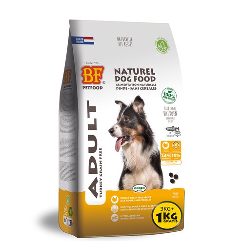 BF Petfood Adult Kalkoen Graanvrij hondenvoeding zak 3 + 1 kg – graanvrij en hypoallergeen droogvoer voor honden