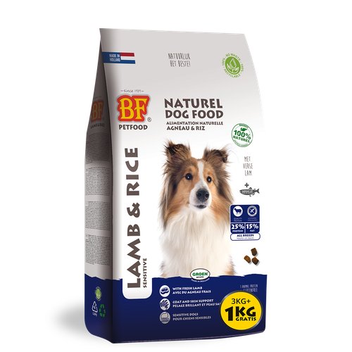 BF Petfood Lam & Rijst glutenvrij droogvoer voor honden, zak 3+1 kg