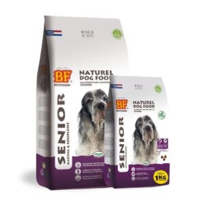 BF Petfood Senior hondenvoer verpakking 12,5 kg en 3+1 kg naast elkaar
