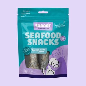 Braaaf Seafood Snacks Geperst Been Zalm in hersluitbare zak, kauwbot van zalmhuid