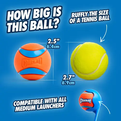 Chuckit! Ultra Ball maat M vergeleken met een tennisbal, ø 6,4 cm