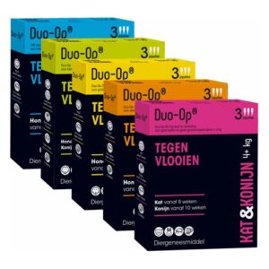 Duo-Op vlooiendruppels, alle vijf varianten voor hond, kat en konijn