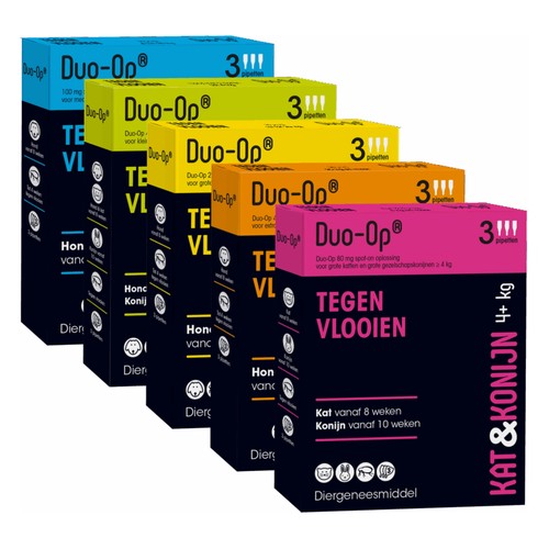 Duo-Op vlooiendruppels, alle vijf varianten voor hond, kat en konijn