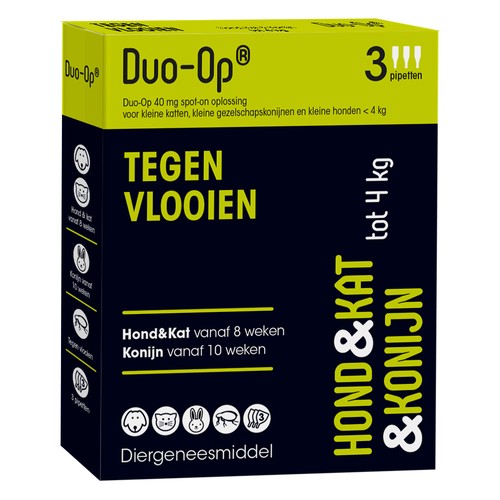 Duo-Op 40 mg vlooiendruppels voor kleine hond, kat en konijn tot 4 kg, 3 pipetten