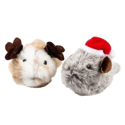 Twee Duvo+ Xmas Fluffy muizen: catnip muis met rendiergewei en grijs muisje met kerstmuts