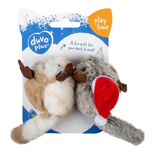 Duvo+ Xmas Fluffy muizen op kerstkaart, 2 pluche kattenspeeltjes met catnip