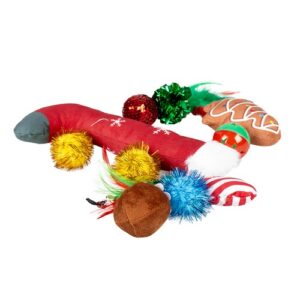 10 kattenspeeltjes uit het Duvo+ Xmas geschenkzakje met trappelkussen, pompons en ballen