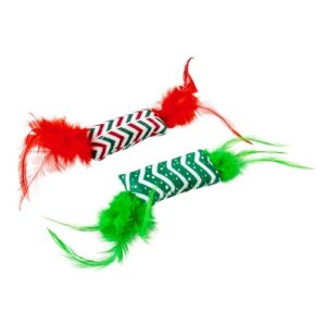Duvo+ Xmas Silky verenspeeltje in rood en groen, 2 pluche speeltjes met veren