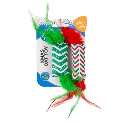 Duvo+ Xmas cat toy verpakking met 2 verenspeeltjes en catnip inside
