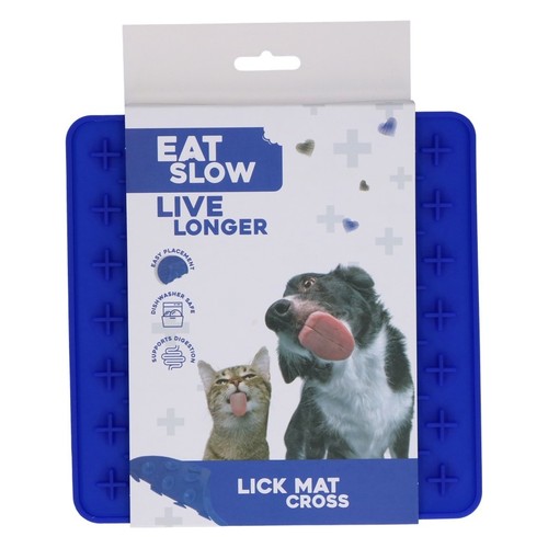 Eat Slow Live Longer Likmat Cross in verpakking met hond en kat
