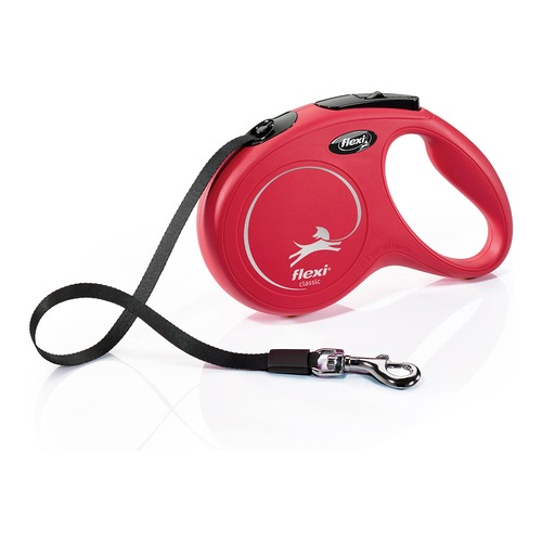 flexi New Classic rollijn in rood met platte band, remknop zichtbaar bovenop de behuizing
