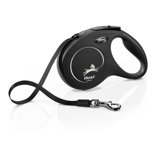 flexi New Classic rollijn in zwart met platte band en verchroomde karabijnhaak