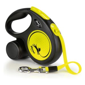 flexi New Neon rollijn in neongeel met zwart, met band en verchroomde karabijnhaak