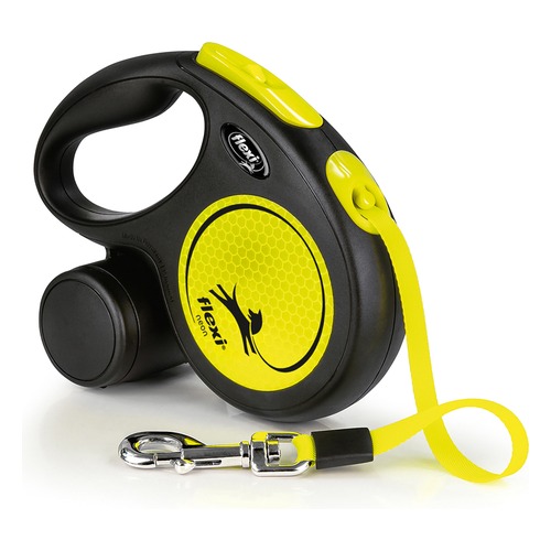 flexi New Neon rollijn in neongeel met zwart, met band en verchroomde karabijnhaak