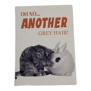 Grappige kaart met katje dat tegen een wit konijntje aan kruipt, tekst Oh no... Another grey hair