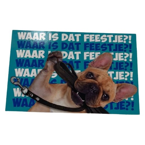 Hondenkaart A5 met Franse bulldog die zijn riem vasthoudt en de tekst Waar is dat feestje?!