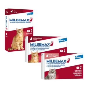 Milbemax kat ontwormingstabletten, drie varianten van kitten tot volwassen kat