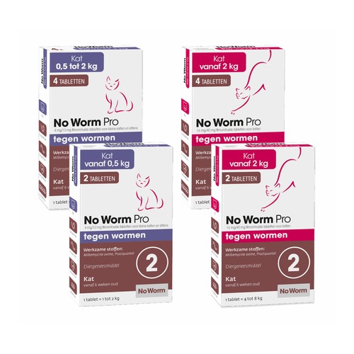 Overzicht van alle varianten No Worm Pro ontwormingstabletten voor katten