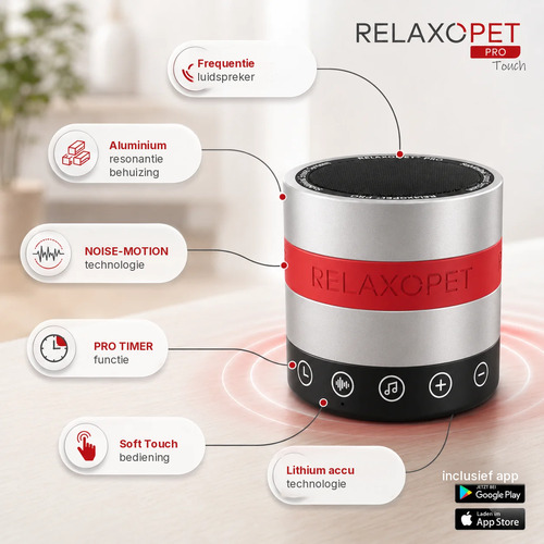 Kenmerken van de RelaxoPet PRO Touch: noise motion, pro timer, soft touch bediening en lithium accu