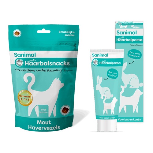 Sanimal anti-Haarbalsnacks naast de Sanimal anti-Haarbalpasta voor kat en konijn