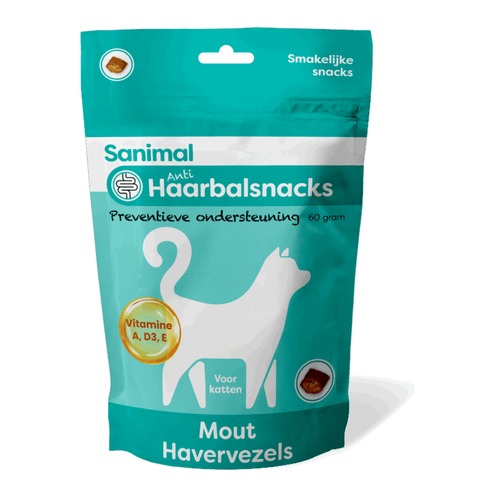 Zakje Sanimal anti-Haarbalsnacks voor katten van 60 gram met mout en havervezels