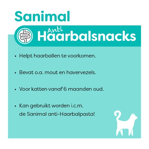 Overzicht van de kenmerken van Sanimal anti-Haarbalsnacks voor katten vanaf 6 maanden