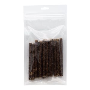 Softsticks hert hondensnack graanvrij, hersluitbare verpakking 100g met donkerbruine vleessticks