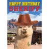 Witte alpaca met cowboyhoed en sheriffster voor westernstadachtergrond – A5 grappige wenskaart