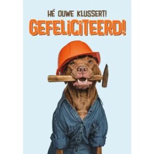 Hond in veiligheidshelm en werkoverall met hamer – A5 grappige verjaardagskaart hond