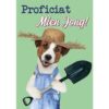 Jack Russell als Zeeuwse tuinder met strohoed en schop – A5 wenskaart Zeeuws dialect hond
