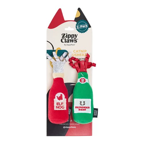ZippyClaws Holiday Catnip Crusherz 2-pack met Elf Nog en Reindeer Beer op de verpakkingskaart