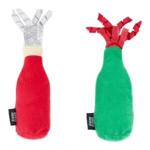 Achterkant van de rode en groene pluche flesjes met krullende lintjes en ZippyClaws label