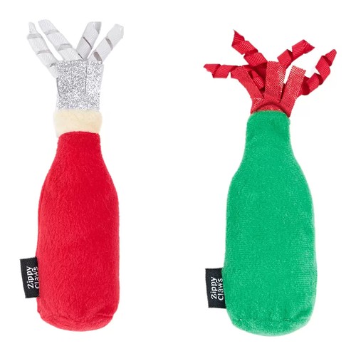 Achterkant van de rode en groene pluche flesjes met krullende lintjes en ZippyClaws label