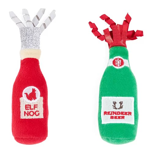 ZippyClaws Catnip Crusherz Elf Nog en Reindeer Beer, twee pluche kerstflesjes voor katten