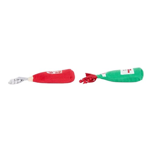 Zijaanzicht van de ZippyClaws Catnip Crusherz, liggend rood en groen flesje