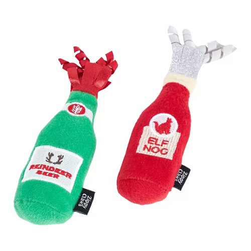 Twee catnip speeltjes voor katten in de vorm van een kerstflesje, Reindeer Beer en Elf Nog