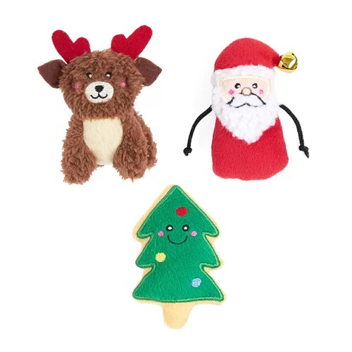 Bruin rendier, Kerstman met belletje en kerstboomkoekje uit de ZippyClaws kattenspeeltjes set