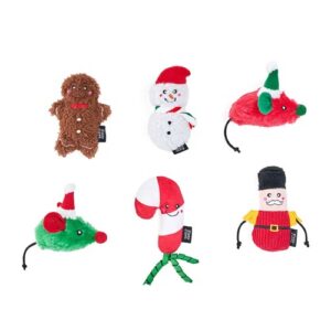 Zes ZippyClaws Festive Cheer kerstspeeltjes voor katten: peperkoekmannetje, sneeuwpop, zuurstok, notenkraker en twee muisjes