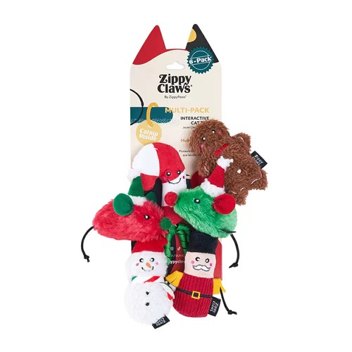 ZippyClaws Festive Cheer 6-pack kerstspeeltjes met catnip op de verpakkingskaart