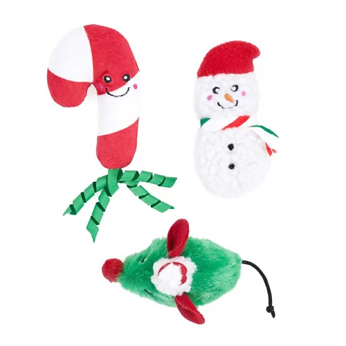 Pluche zuurstok met groene lintjes, sneeuwpop met kerstmuts en groen muisje voor katten