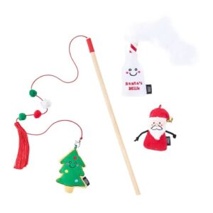 Kattenhengel van bamboe met pompons, rode kwast en drie kerstspeeltjes